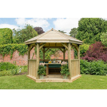 Forest 3.6m Hexagonal Wooden Garden Gazebo with Timber Roof - Furnished with Table, Benches and Cushions