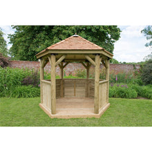 Forest 3m Hexagonal Wooden Garden Gazebo with Cedar Roof - Furnished with Table, Benches and Cushions