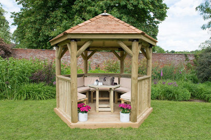 Forest 3m Hexagonal Wooden Garden Gazebo with Cedar Roof - Furnished with Table, Benches and Cushions