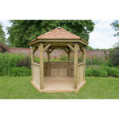 Forest 3m Hexagonal Wooden Garden Gazebo with Cedar Roof - Furnished with Table, Benches and Cushions