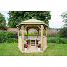 Forest 3m Hexagonal Wooden Garden Gazebo with Timber Roof - Furnished with Table, Benches and Cushions