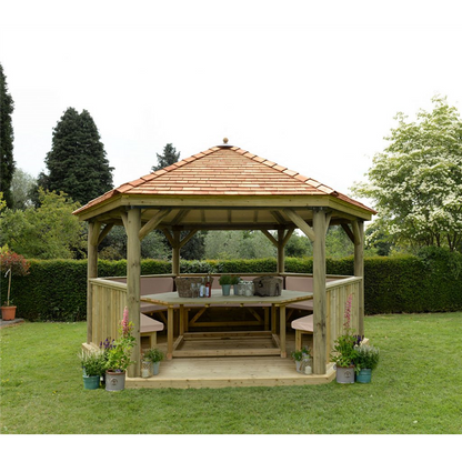 Forest 4.7m Hexagonal Wooden Garden Gazebo with Cedar Roof - Furnished with Table, Benches and Cushions
