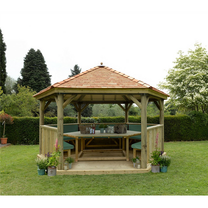 Forest 4.7m Hexagonal Wooden Garden Gazebo with Cedar Roof - Furnished with Table, Benches and Cushions