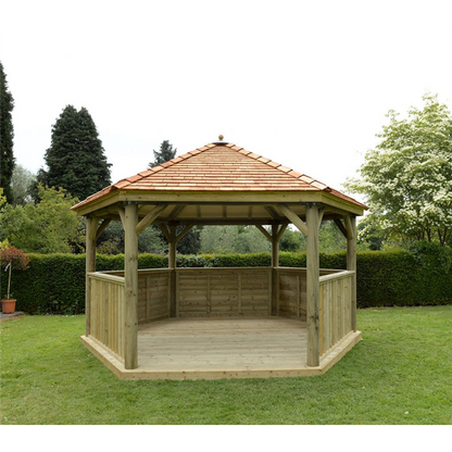 Forest 4.7m Hexagonal Wooden Garden Gazebo with Cedar Roof - Furnished with Table, Benches and Cushions