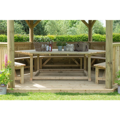 Forest 4.7m Hexagonal Wooden Garden Gazebo with Cedar Roof - Furnished with Table, Benches and Cushions