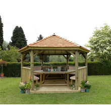 Forest 4.7m Hexagonal Wooden Garden Gazebo with Cedar Roof - Furnished with Table, Benches and Cushions