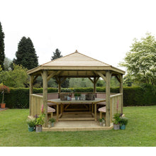 Forest 4.7m Hexagonal Wooden Garden Gazebo with Timber Roof - Furnished with Table, Benches and Cushions