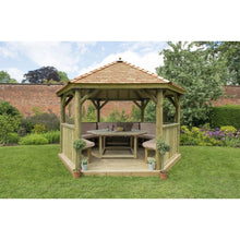 Forest 4m Hexagonal Wooden Garden Gazebo with Cedar Roof - Furnished with Table, Benches and Cushions