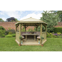 Forest 4m Hexagonal Wooden Garden Gazebo with Timber Roof - Furnished with Table, Benches and Cushions