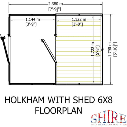 Shire Holkham Glazed Toughened Glass Greenhouse with Shed 6 x 8ft