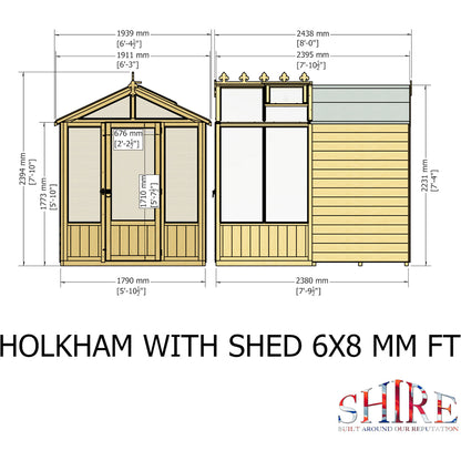 Shire Holkham Glazed Toughened Glass Greenhouse with Shed 6 x 8ft