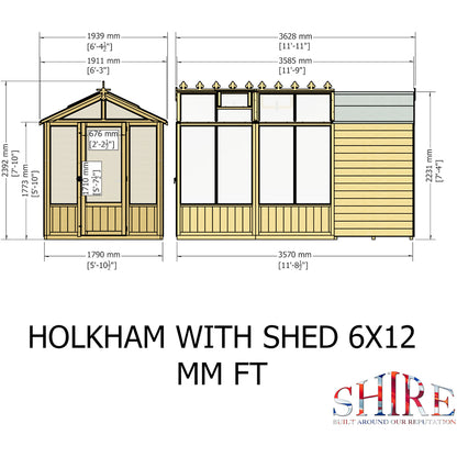 Shire Holkham Glazed Toughened Glass Greenhouse with Shed 6 x 12ft