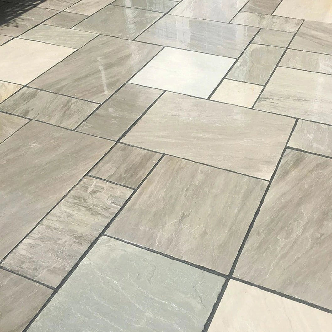 Aravalli Grey Indian Sandstone Paving Slabs - Tumbled - Patio Kit - 22mm - JJ Building Materials