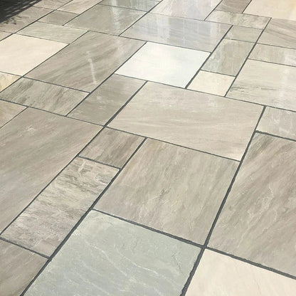 Aravalli Grey Indian Sandstone Paving Slabs - Tumbled - Patio Kit - 22mm - JJ Building Materials