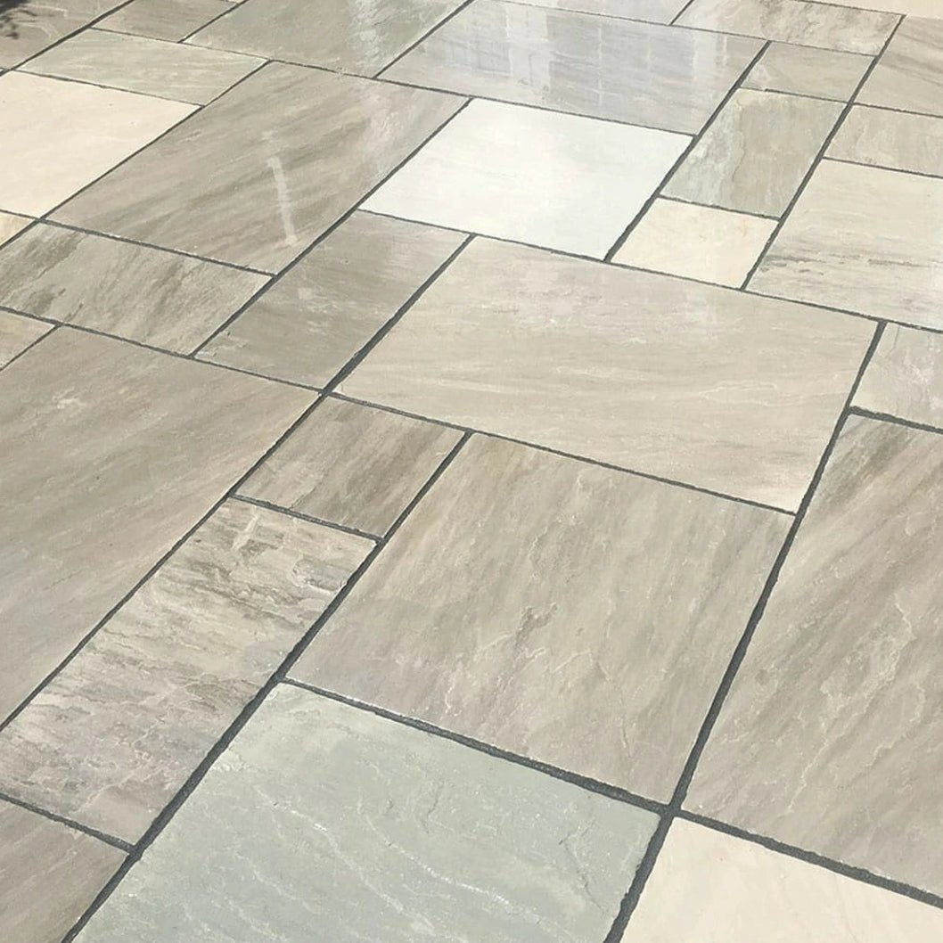 Aravalli Grey Indian Sandstone Paving Slabs - Tumbled - Patio Kit - 22mm - JJ Building Materials