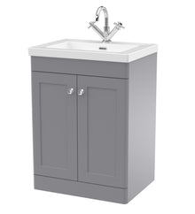 Nui Classique 600mm Floor Standing 2-door Vanity With Basin - 1 Tap Hole Traditional Satin Grey Fireclay 845x613x462mm