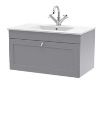 Nui Classique 800mm Wall Hung Single Drawer Vanity With Basin - 1 Tap Hole Traditional Satin Grey Vitreous China 449x805x460mm