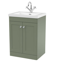 Nui Classique 600mm Floor Standing 2-door Vanity With Basin - 1 Tap Hole Traditional Satin Green Fireclay 845x613x462mm