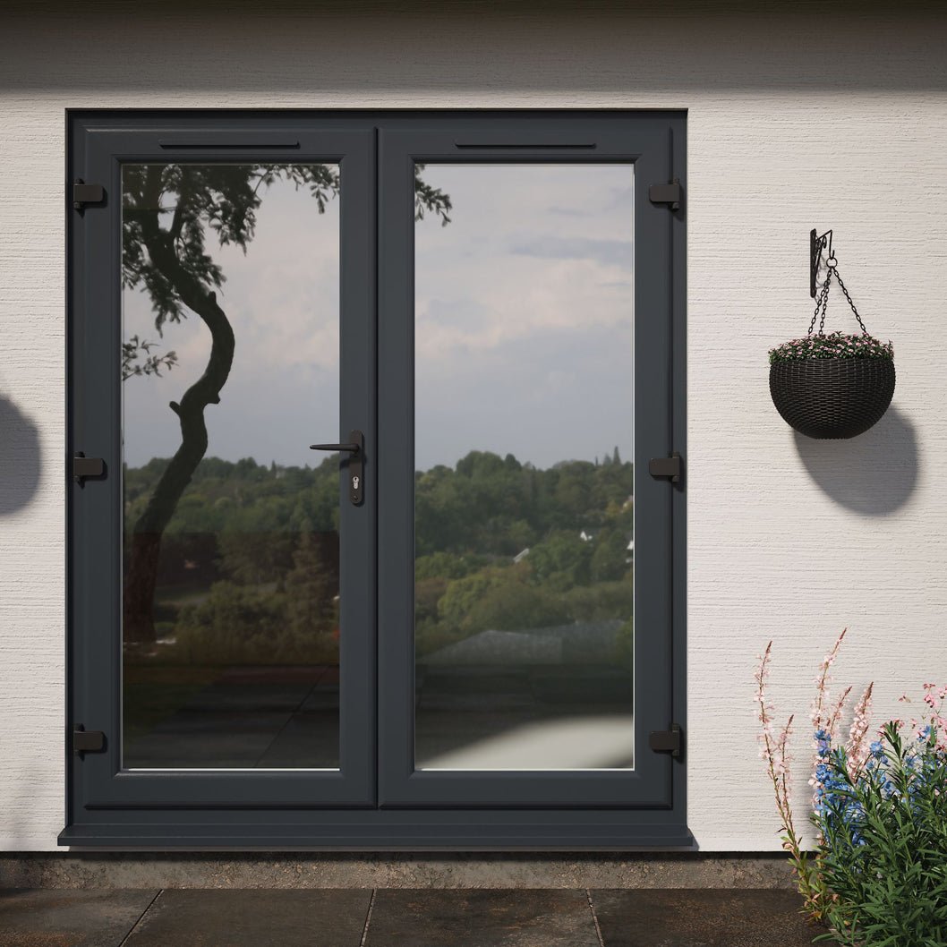 Crystal UPVC French Door Grey 7016 External White Int Clear Double Glazing Left Hand Master 150mm Cill Included - JJ Building Materials