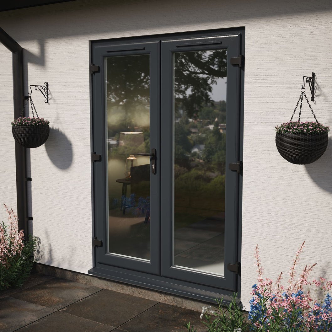 Crystal UPVC French Door Grey 7016 External White Int Clear Double Glazing Left Hand Master 150mm Cill Included - JJ Building Materials