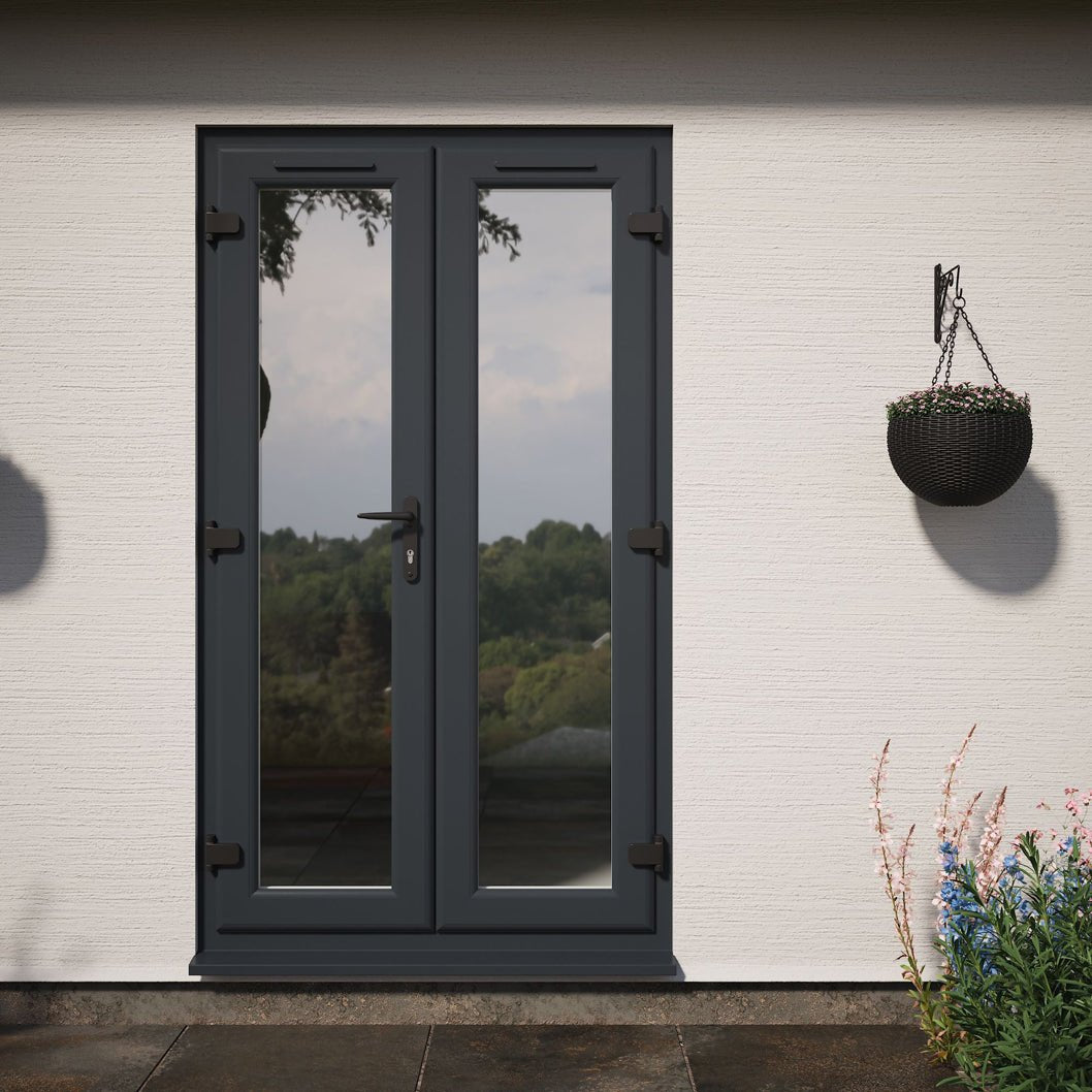 Crystal UPVC French Door Grey 7016 External White Int Clear Double Glazing Left Hand Master 150mm Cill Included - JJ Building Materials