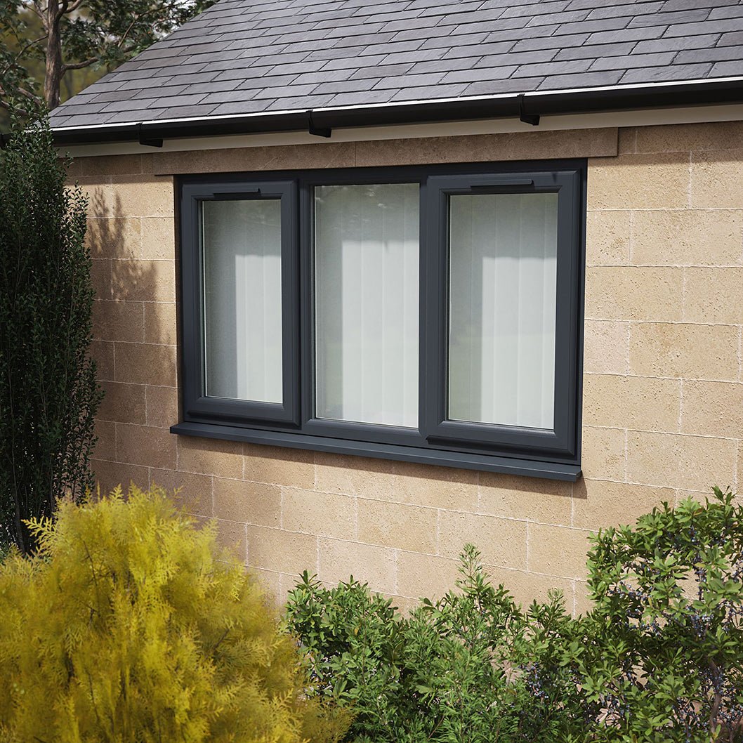 Crystal UPVC Grey 7016 Casement Window Left & Right Side Hung With Fixed Centre Clear Glazing - JJ Building Materials