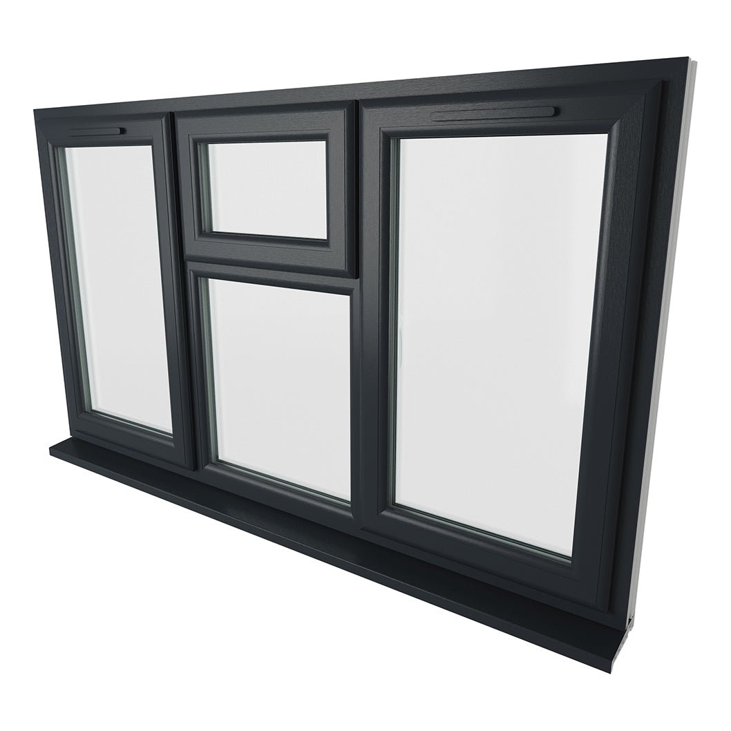 Crystal UPVC Grey 7016 Casement Window Left & Right Side Hung With Top Opener Over a Fixed Light Centre Clear Glazing - JJ Building Materials