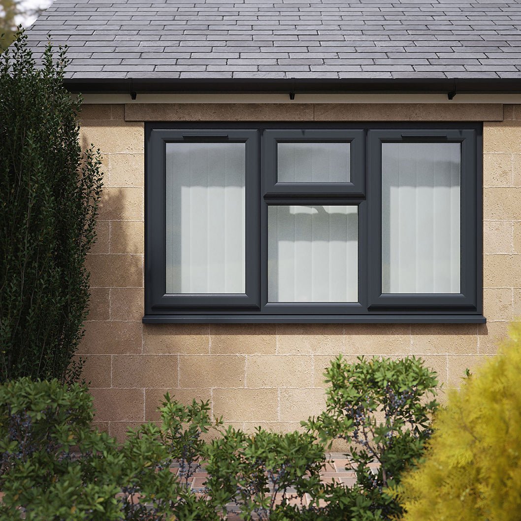 Crystal UPVC Grey 7016 Casement Window Left & Right Side Hung With Top Opener Over a Fixed Light Centre Clear Glazing - JJ Building Materials