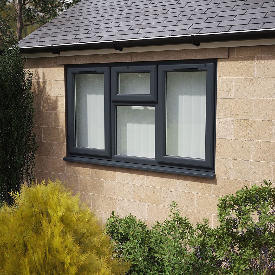Crystal UPVC Grey 7016 Casement Window Left & Right Side Hung With Top Opener Over a Fixed Light Centre Clear Glazing - JJ Building Materials