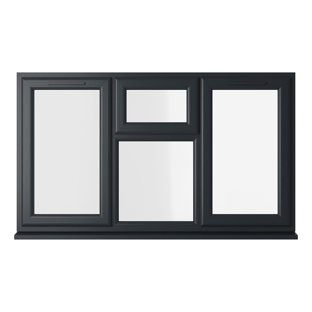 Crystal UPVC Grey 7016 Casement Window Left & Right Side Hung With Top Opener Over a Fixed Light Centre Clear Glazing - JJ Building Materials