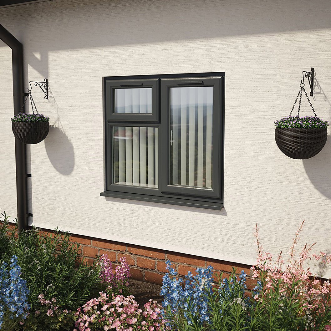 Crystal UPVC Grey 7016 Casement Window Right Hand Side Hung Next To Top Opener Over a Fixed Light Clear Glazing - JJ Building Materials