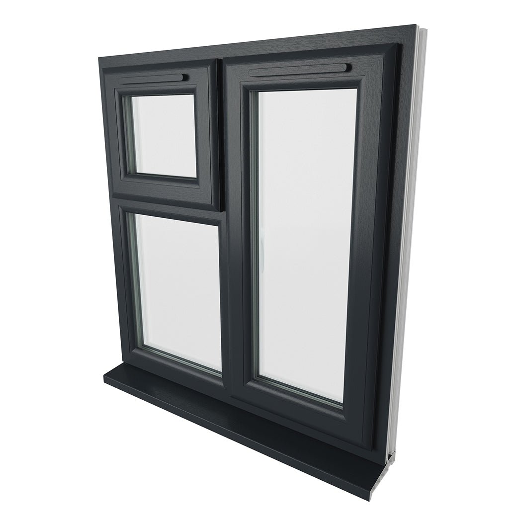 Crystal UPVC Grey 7016 Casement Window Right Hand Side Hung Next To Top Opener Over a Fixed Light Clear Glazing - JJ Building Materials