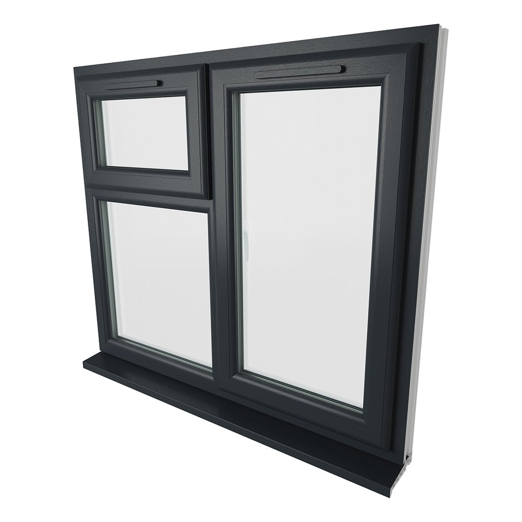 Crystal UPVC Grey 7016 Casement Window Right Hand Side Hung Next To Top Opener Over a Fixed Light Clear Glazing - JJ Building Materials