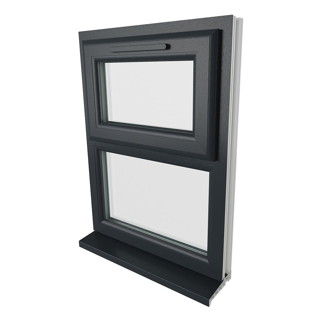 Crystal UPVC Grey 7016 Casement Window White Int Top Hung Opener Over Fixed Light Clear Glazing - JJ Building Materials
