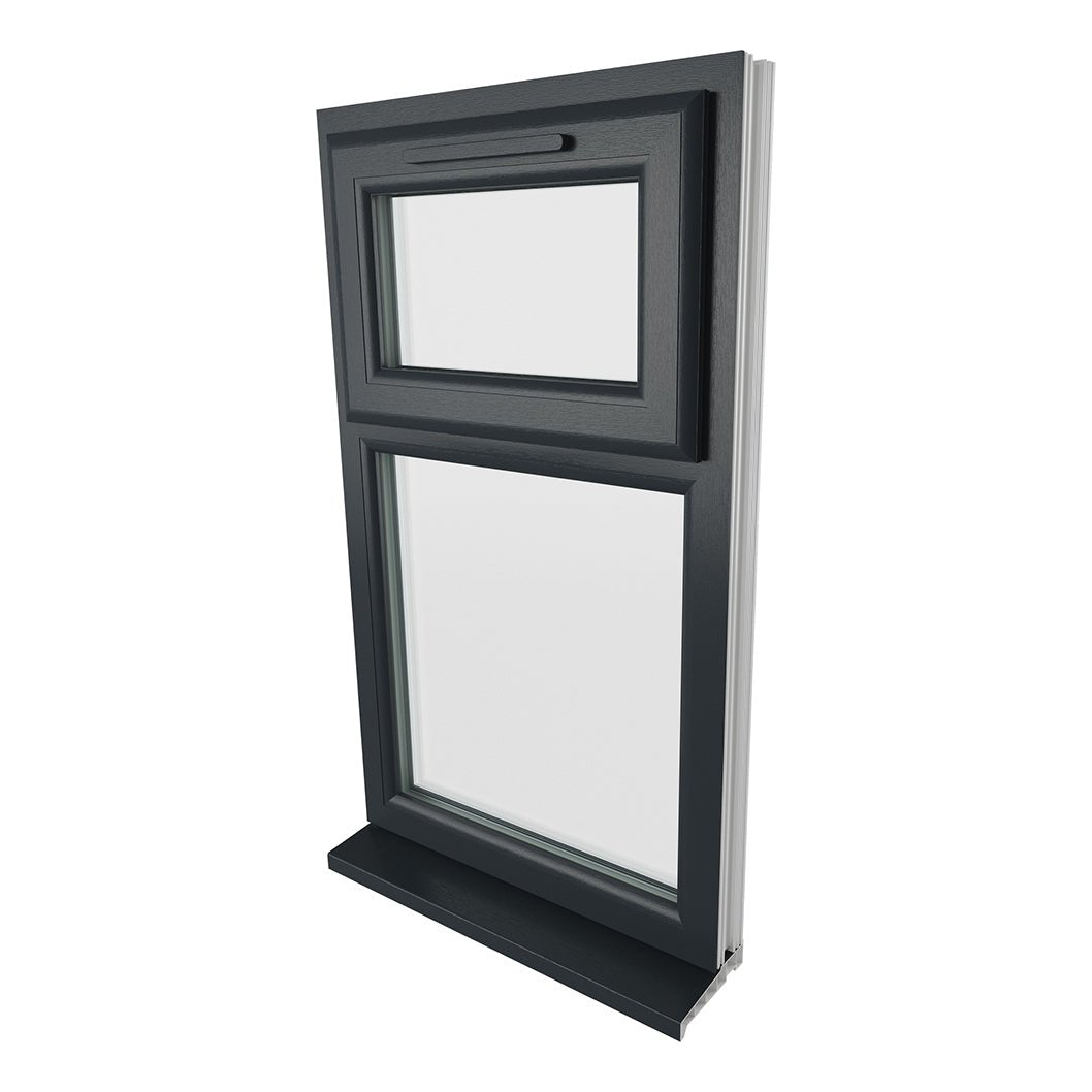 Crystal UPVC Grey 7016 Casement Window White Int Top Hung Opener Over Fixed Light Clear Glazing - JJ Building Materials
