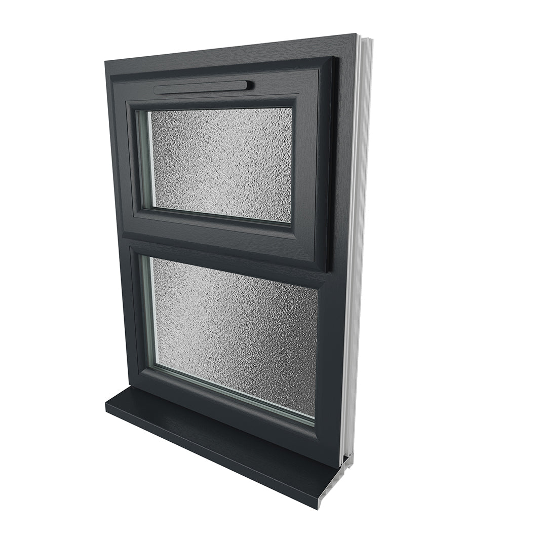 Crystal UPVC Grey 7016 Casement Window White Int Top Hung Opener Over Fixed Light Obscure Glazing - JJ Building Materials