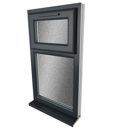 Crystal UPVC Grey 7016 Casement Window White Int Top Hung Opener Over Fixed Light Obscure Glazing - JJ Building Materials