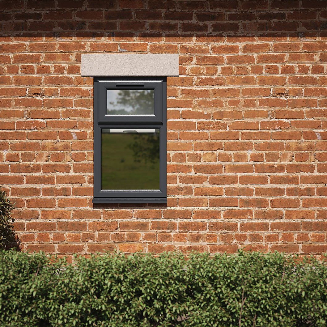 Crystal UPVC Grey 7016 Casement Window White Int Top Hung Opener Over Fixed Light Obscure Glazing - JJ Building Materials