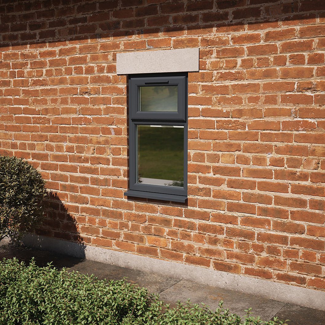 Crystal UPVC Grey 7016 Casement Window White Int Top Hung Opener Over Fixed Light Obscure Glazing - JJ Building Materials