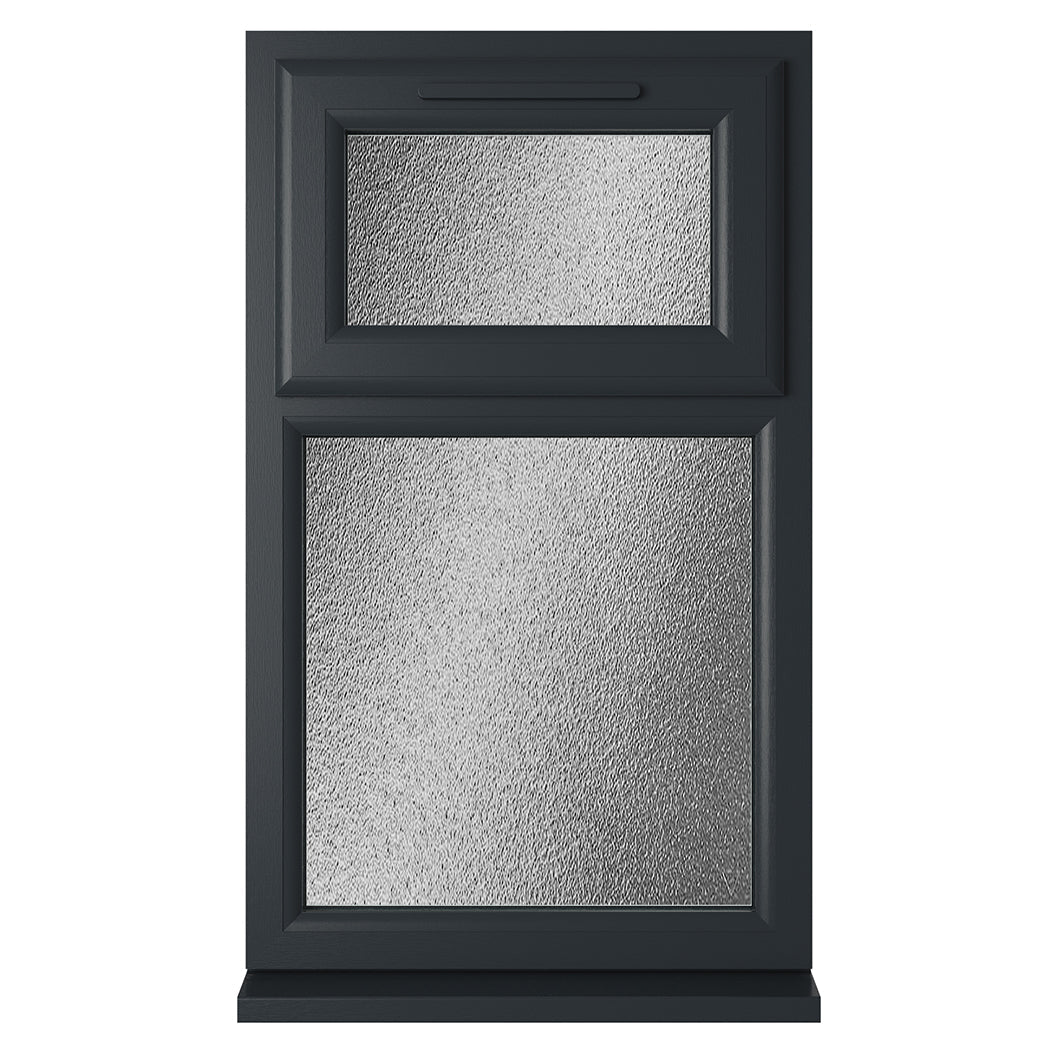 Crystal UPVC Grey 7016 Casement Window White Int Top Hung Opener Over Fixed Light Obscure Glazing - JJ Building Materials