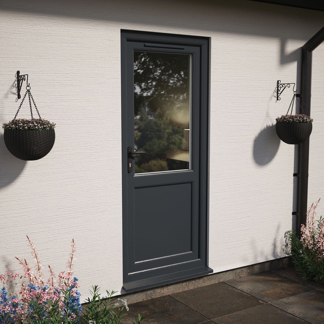 Crystal UPVC Grey 7016 External White Int Obscure Glazing Single Door Half Panel Double Glazed Right Hand Open - JJ Building Materials