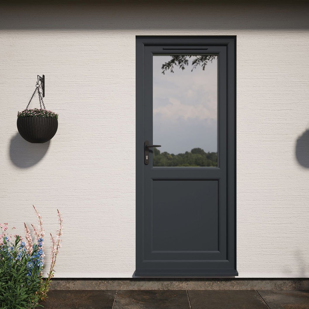 Crystal UPVC Grey 7016 External White Int Obscure Glazing Single Door Half Panel Double Glazed Right Hand Open - JJ Building Materials