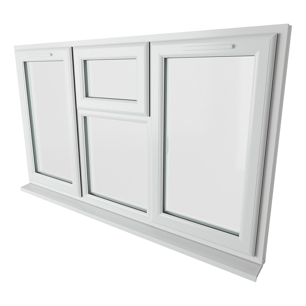 Crystal UPVC White Casement Window Left & Right Side Hung With Top Opener Over a Fixed Light Centre Clear Glazing - JJ Building Materials