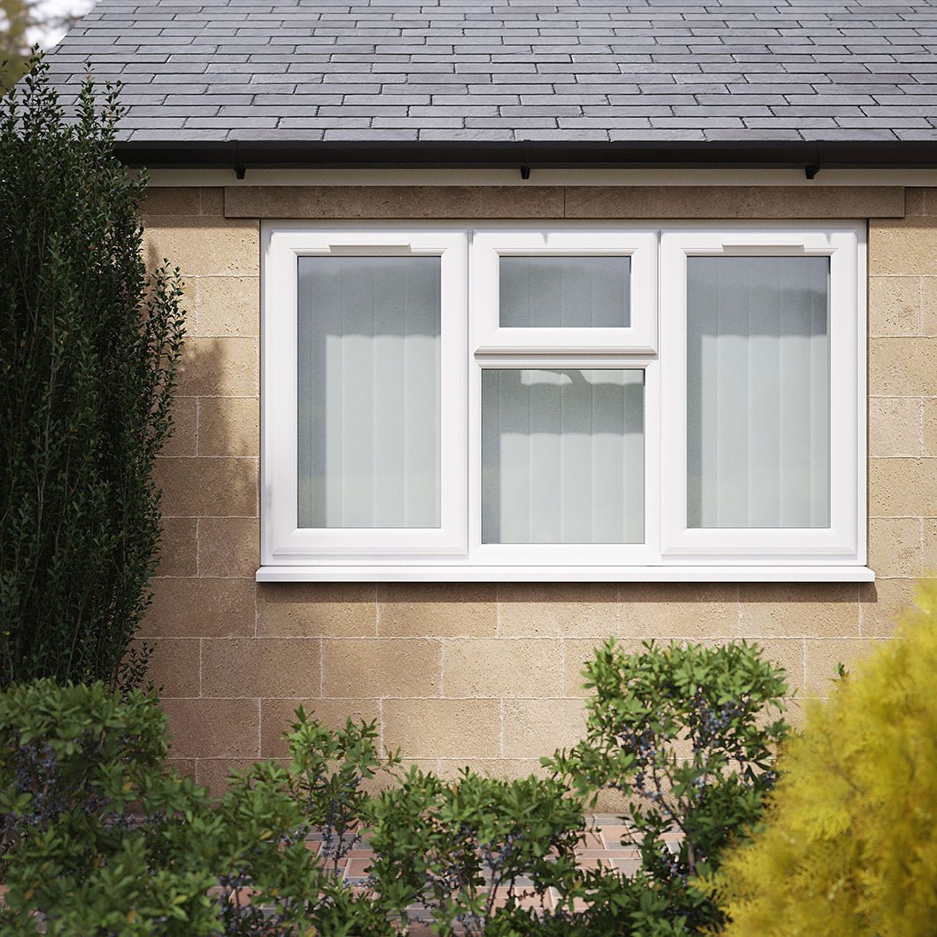 Crystal UPVC White Casement Window Left & Right Side Hung With Top Opener Over a Fixed Light Centre Clear Glazing - JJ Building Materials