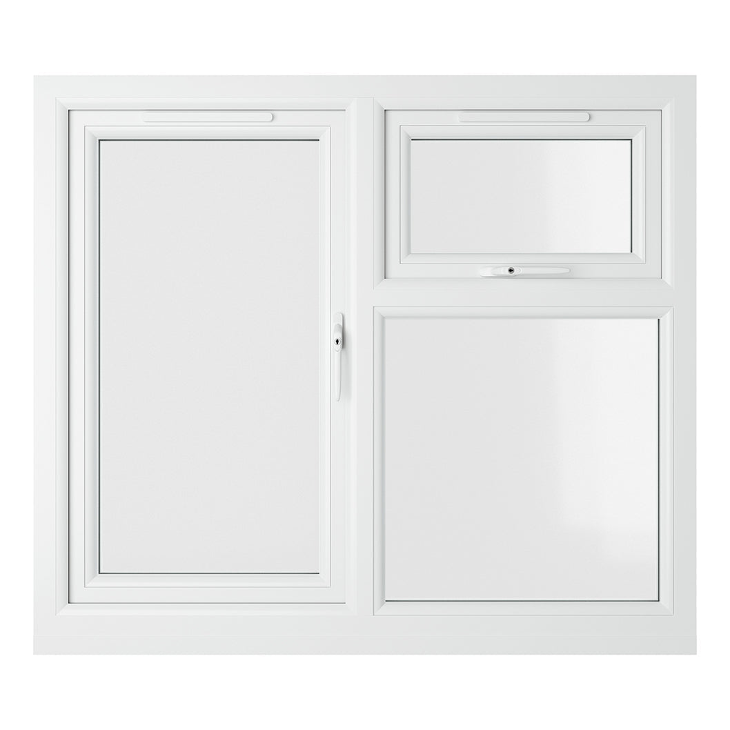 Crystal UPVC White Casement Window Right Hand Side Hung Next To Top Opener Over a Fixed Light Clear Glazing - JJ Building Materials