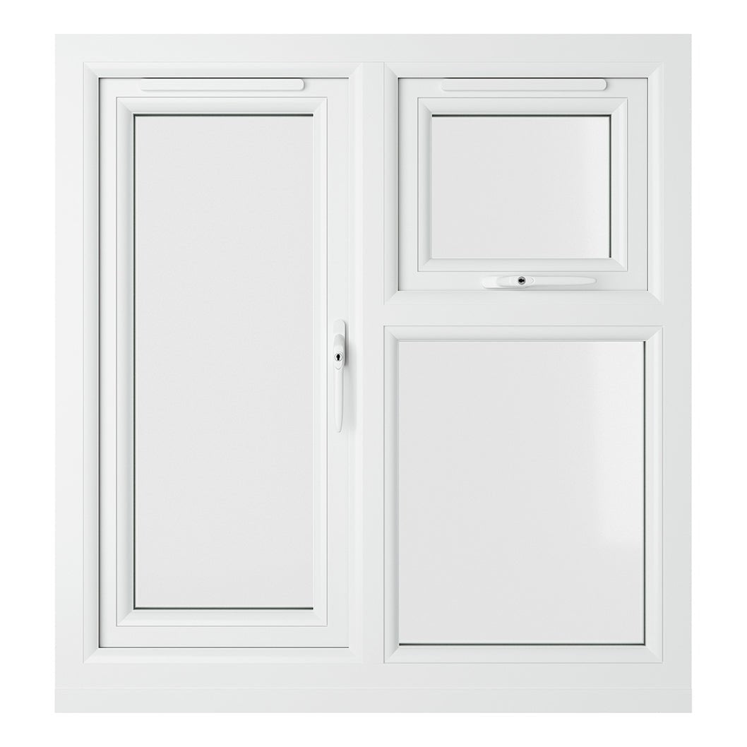 Crystal UPVC White Casement Window Right Hand Side Hung Next To Top Opener Over a Fixed Light Clear Glazing - JJ Building Materials