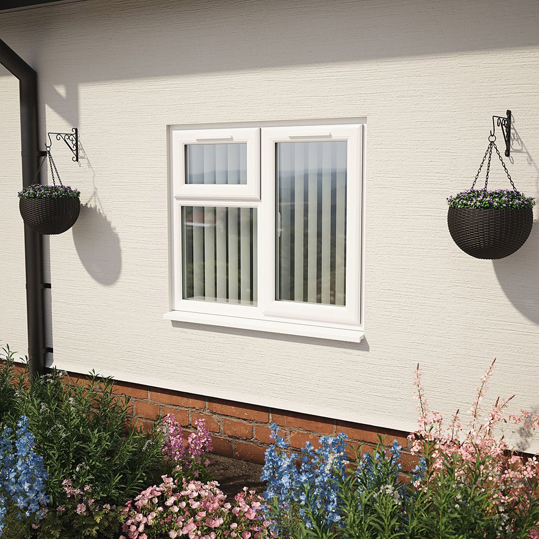 Crystal UPVC White Casement Window Right Hand Side Hung Next To Top Opener Over a Fixed Light Clear Glazing - JJ Building Materials