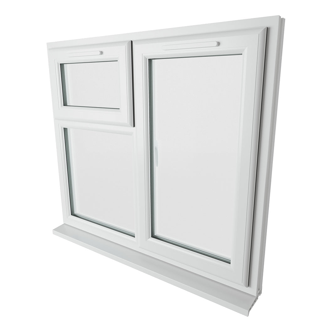 Crystal UPVC White Casement Window Right Hand Side Hung Next To Top Opener Over a Fixed Light Clear Glazing - JJ Building Materials
