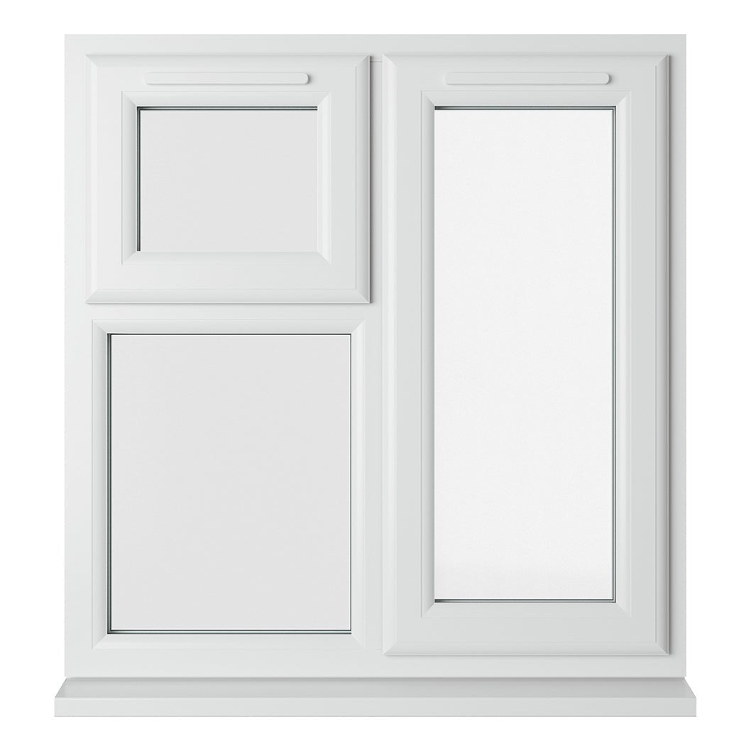 Crystal UPVC White Casement Window Right Hand Side Hung Next To Top Opener Over a Fixed Light Clear Glazing - JJ Building Materials