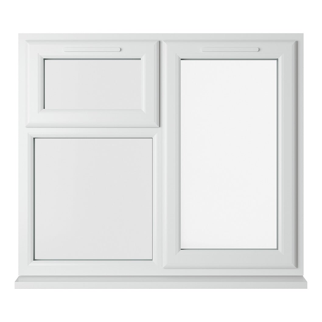 Crystal UPVC White Casement Window Right Hand Side Hung Next To Top Opener Over a Fixed Light Clear Glazing - JJ Building Materials